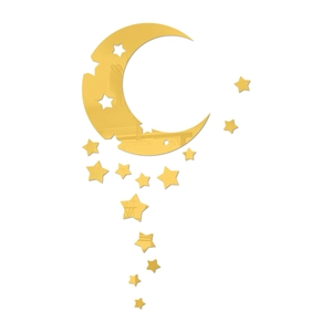 Detailed view of gold acrylic mirror moon and stars self-adhesive wall stickers set