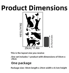 Size chart showing 50x29cm cat and butterfly wall decal dimensions and packaging details