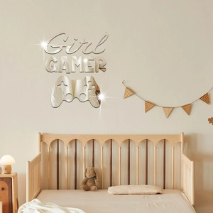 Detail view of silver acrylic mirror Girl GAMER wall sticker with gamepad silhouette