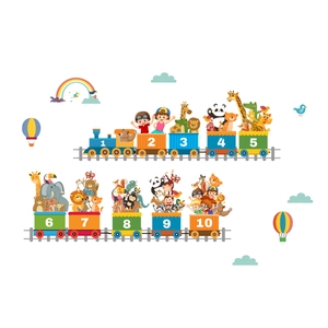 Educational colorful animal train wall sticker with numbers 1-10 for kids nursery room
