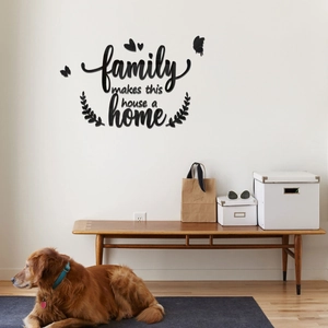 Detail of acrylic 3D wall stickers featuring family quote with butterfly and leaf accents