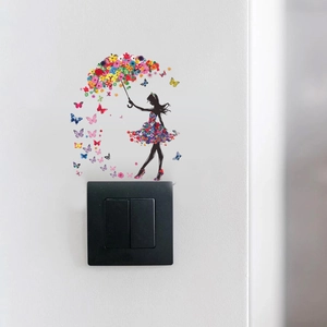 Floral butterfly umbrella girl wall sticker decor shown on white wall near light switch