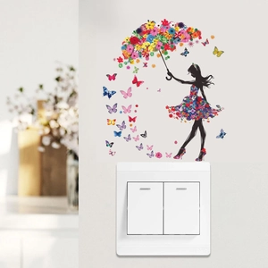 Girl with floral umbrella wall sticker and colorful butterfly decals for light switch decoration