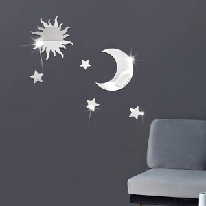 Silver acrylic mirror wall stickers featuring sun, moon, and stars on a dark minimalist wall