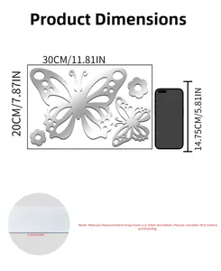 Détail des stickers muraux papillon en acrylique miroir avec dimensions et échelle