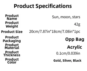 Detailed size and color specs for sun moon star acrylic mirror wall stickers