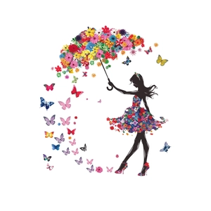 Artistic wall sticker featuring a girl with a colorful flower umbrella and flying butterflies
