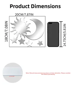 Detailed size chart of sun moon star mirror wall stickers with phone size comparison