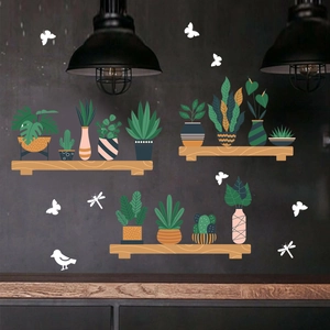 Detail of adhesive wall stickers featuring potted green plants and wooden shelves