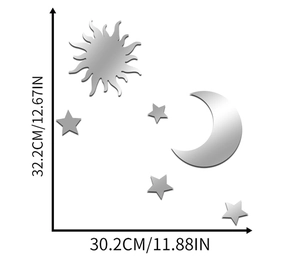 Detailed size chart for sun moon and stars acrylic mirror wall stickers with dimensions