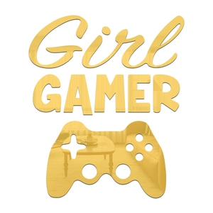 Close-up of golden mirror acrylic Girl Gamer wall sticker with game controller silhouette