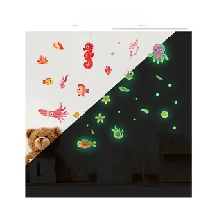 Luminous ocean creature wall stickers showing Day vs Night glow effect for kids room décor