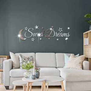 Mirror acrylic Sweet Dreams wall stickers with moon and stars for bedroom decor