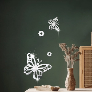 3D Stickers Muraux Papillon Miroir Acrylique Évidé Floral DIY Décalcomanies Miroir Réfléchissantes pour Décor de Salon