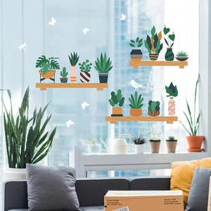 Self-adhesive wall stickers with potted monstera and cactus plants on wooden shelves