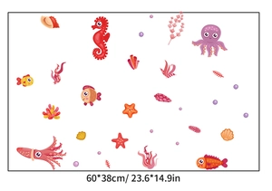 Luminous ocean wall decal set with squid and seahorse, 60x38cm size details