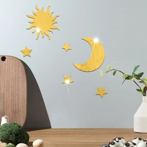 Detail of gold mirror sun moon and stars wall stickers with reflective metallic finish