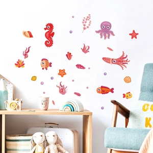 Detailed view of luminous ocean sea creature wall stickers in a cozy nursery room decor