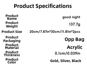 Specificatieoverzicht voor Good Night acryl muurstickers in goud zilver en zwart