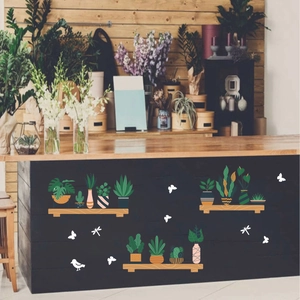 Potted plants and birds wall stickers for living room and cafe glass decoration