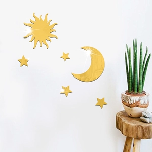 Golden acrylic mirror wall stickers featuring sun, moon and stars for home decor
