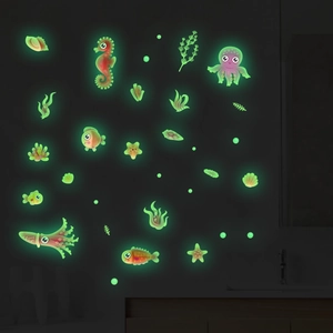 Glow-in-the-dark ocean theme wall stickers with octopus and seahorse in neon green
