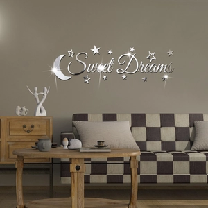 Silver acrylic mirror wall stickers with Sweet Dreams and moon stars in a cozy living room