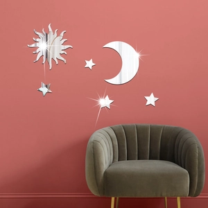 Silver mirror acrylic wall stickers set with sun moon and stars for home wall decoration