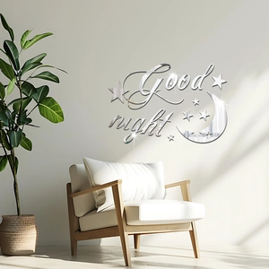 Detail van zilveren acryl spiegel muurstickers met Good night belettering maan en sterren