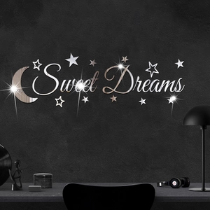 Detailed mirror acrylic wall sticker featuring moon, stars, and Sweet Dreams text