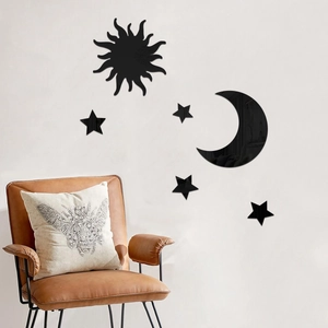 Modern black acrylic mirror wall stickers with sun moon and star shapes for home decor
