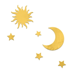 Macro detail of glossy gold acrylic mirror wall stickers with sun moon and star motifs