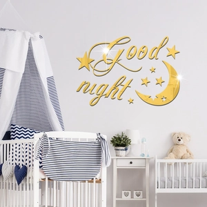 Gouden acryl spiegel muurstickers met maan sterren en Good Night tekst voor de babykamer