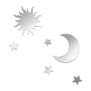 Silver acrylic mirror wall stickers with sun moon and stars for modern room decoration