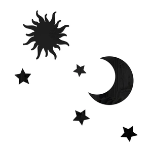 Detailed view of black acrylic mirror wall stickers featuring sun moon and star designs