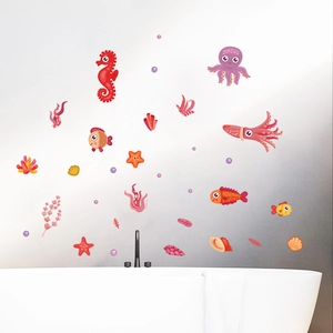 Luminous ocean themed squid and seahorse wall stickers for kids' bathroom decor