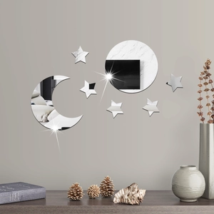 Modern acrylic silver mirror wall stickers with moon and stars for home decoration