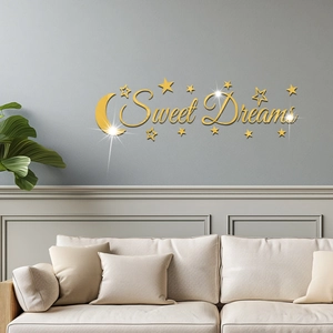 Golden mirror acrylic Sweet Dreams wall sticker with moon and stars for home decor