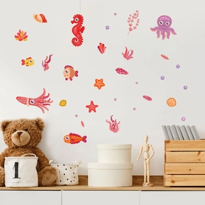 Luminous ocean themed squid wall stickers featuring seahorse and octopus for kids room