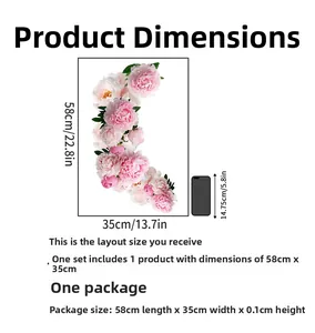 Peony flower wall sticker size chart showing 58x35cm dimensions and packaging details