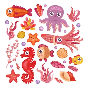 Glow-in-the-dark ocean animal wall stickers with cute octopus, squid, and colorful fish
