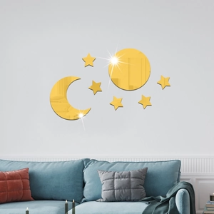 Golden acrylic mirror wall stickers with sun moon and stars for bedroom decor