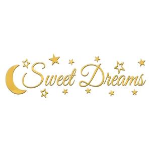 Detailed view of golden mirror acrylic moon and stars stickers with Sweet Dreams text
