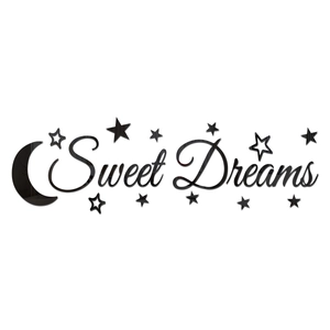 Detail of black acrylic Sweet Dreams wall sticker with moon and stars decorative elements