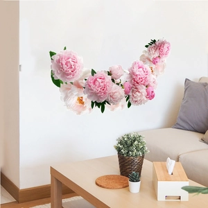 Elegant pink peony wall stickers with green leaves for living room home wall decor