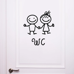 Sticker mural avec silhouettes d'enfants et texte WC pour décoration de porte de bain