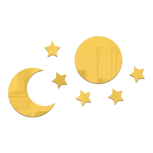 Detailed view of 7-piece set gold acrylic mirror wall stickers featuring sun and moon