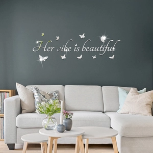 Stickers muraux en acrylique miroir argenté avec texte Her vibe is beautiful et papillons