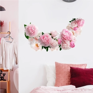 Elegant pink and white peony flower wall decals in a crescent layout for bedroom decor
