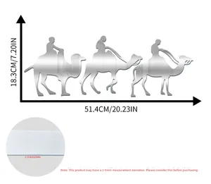 Detail view of 3-piece silver camel rider acrylic mirror wall stickers with dimensions